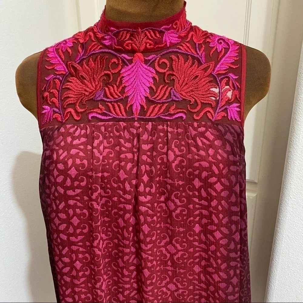 Anthropologie Niki Tlahajan Womens Shift Dress Red Floral Keyhole Embroidered 6